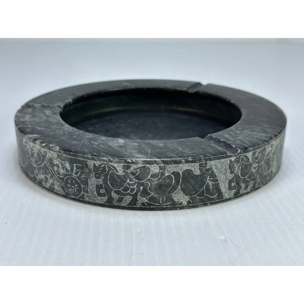 Vintage Black Stone Ashtray Carved Animals Horse Wagon Marble Soapstone Heavy